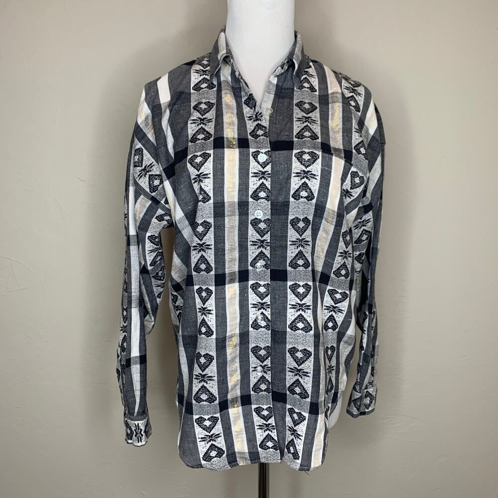90s Metallic Black Heart Stripe Print Cotton Shirt Sz Small